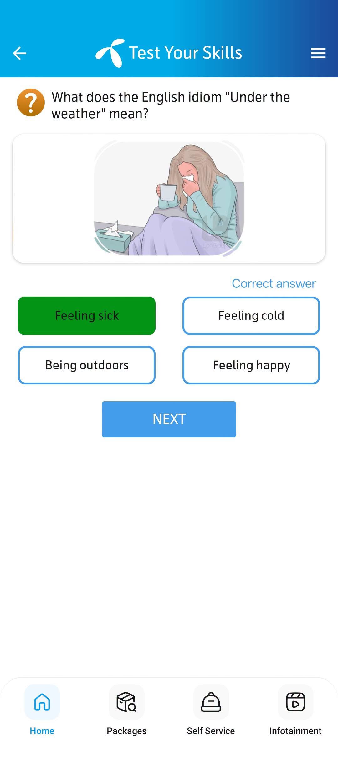 Real My Telenor app screenshot showing a quiz question with the correct answer highlighted in green