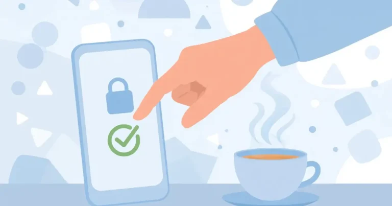 Flat illustration of a hand tapping a smartphone login screen with a lock icon and checkmark, beside a cup of tea — featured image for My Telenor App login fixes guide