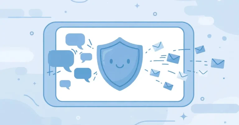 Flat illustration of a shield blocking unwanted SMS message bubbles on a smartphone
