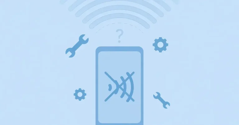 Smartphone with a disconnected signal and repair tools on a blue background — fixing Telenor mobile data not working