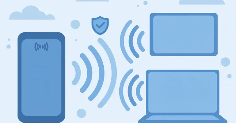 Illustration of a phone sharing a secure mobile hotspot signal with a laptop and tablet, with a shield icon for safety