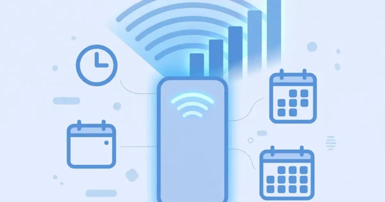 Flat blue illustration of a smartphone with data signals and calendar icons for Telenor internet packages