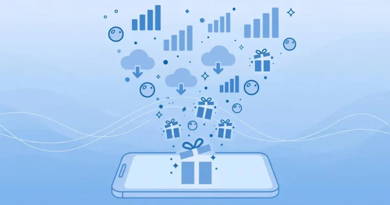 Illustration of a smartphone with gift boxes and data reward icons floating above it, in soft blue tones