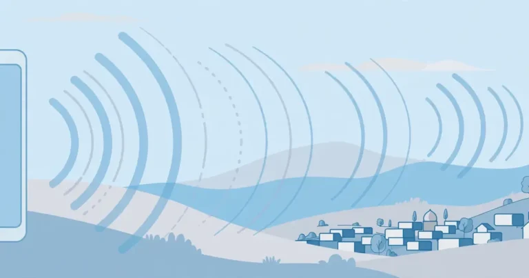 Flat illustration of a smartphone receiving 4G signal waves from a cell tower over a small town