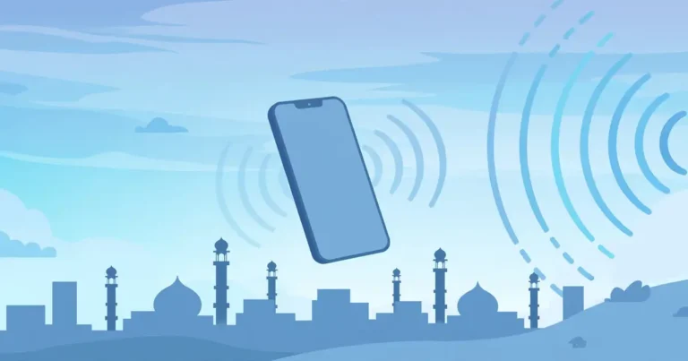 Flat illustration of a smartphone receiving 5G signal waves from a cell tower over a Pakistani city skyline