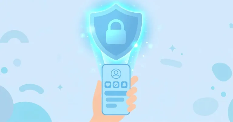 Flat illustration of a smartphone protected by a glowing shield with a padlock, symbolizing My Telenor App account security