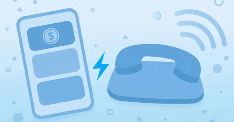 Flat illustration of a smartphone with an app dashboard and a telephone headset, soft blue tones