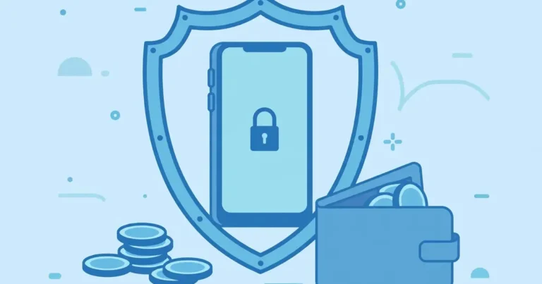 Illustration of a phone protected by a shield with a wallet and coins — saving Telenor balance