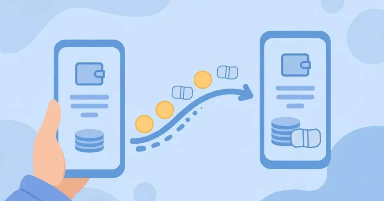 Flat illustration of balance being transferred between two smartphones in soft blue tones