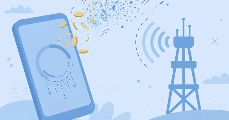 Flat illustration of a smartphone with balance draining as coins float away near a mobile tower