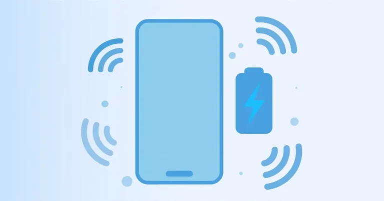 Flat illustration of a smartphone with battery and data icons in soft blue tones