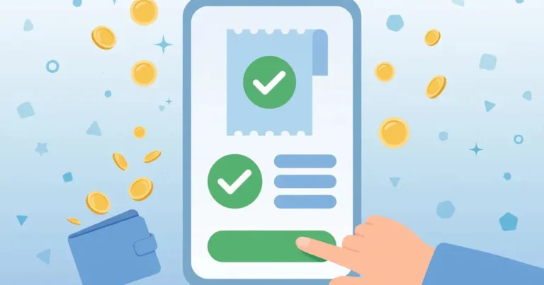 Flat illustration of a smartphone paying a mobile phone bill online, with a payment checkmark and coins, in soft blue tones.