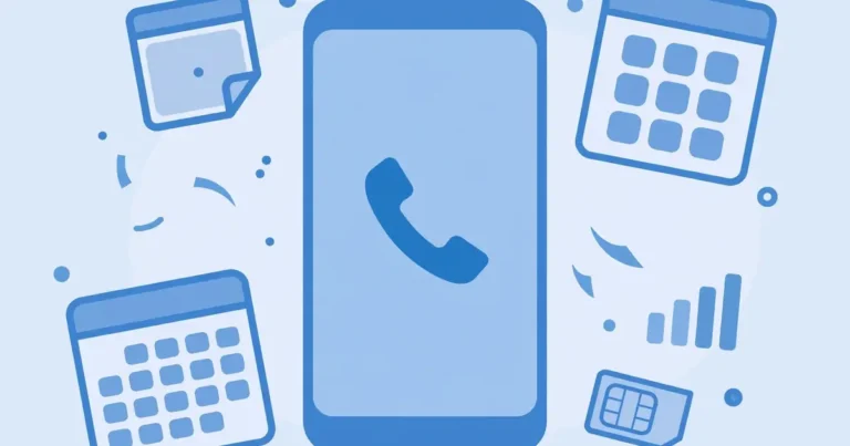 Flat illustration of a smartphone with a call icon, calendars and a SIM card in soft blue tones