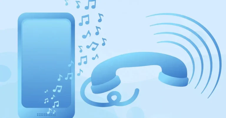 Flat illustration of a smartphone with music notes and a ringing phone, showing how to set a caller tune on Telenor
