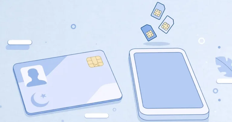 Flat illustration of a CNIC card beside a smartphone with SIM cards floating above it