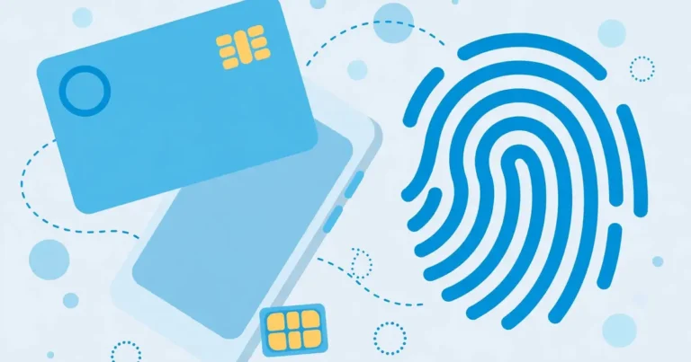Flat illustration of an ID card, smartphone, SIM card and fingerprint representing CNIC detail updates on a Telenor SIM