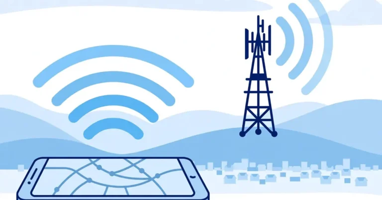 Flat illustration of a smartphone with a map and a cell tower broadcasting signal waves over a town
