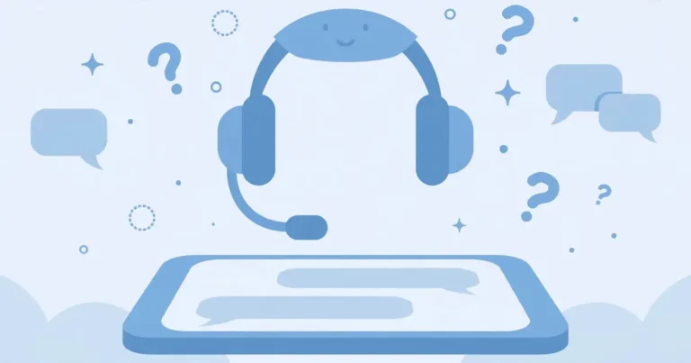 Flat blue illustration of a customer care headset above a smartphone with chat bubbles