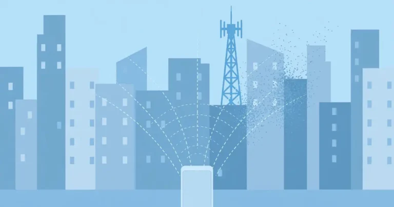 Flat illustration of a phone with fading signal bars near tall buildings and a cell tower, showing a mobile data dead zone