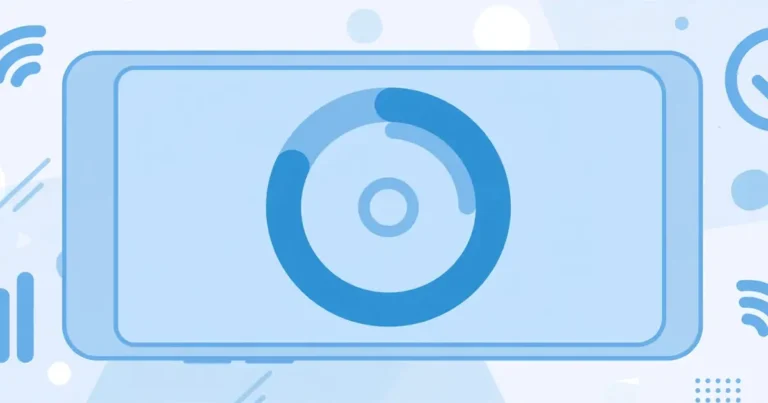 Flat illustration of a smartphone showing a mobile data usage gauge in soft blue tones