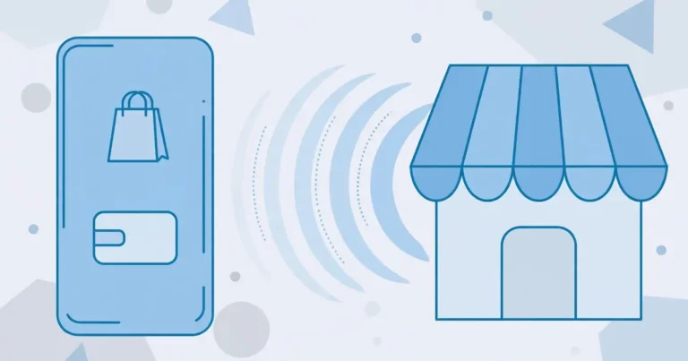 Flat-style blue illustration showing a smartphone with a shopping bag and payment card sending signal waves toward an online store