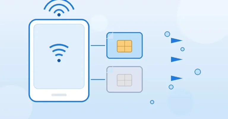Illustration of a smartphone with two SIM cards and data signal waves in blue tones