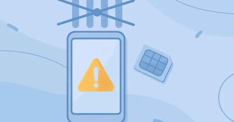 Flat illustration of a smartphone with a warning icon and crossed-out signal bars, explaining how to fix emergency calls only on a Telenor SIM