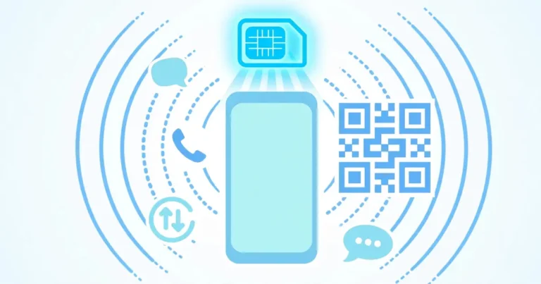 Flat illustration of a smartphone activating a Telenor eSIM with a SIM card icon and QR code, soft blue tones