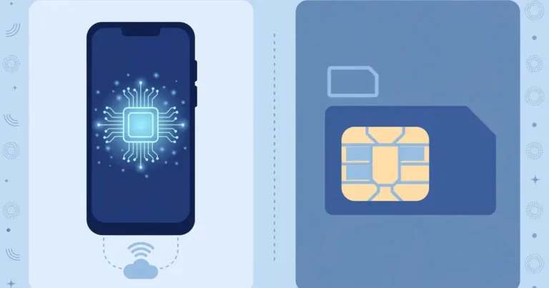Flat illustration comparing a smartphone with a digital Telenor eSIM chip and a classic physical SIM card