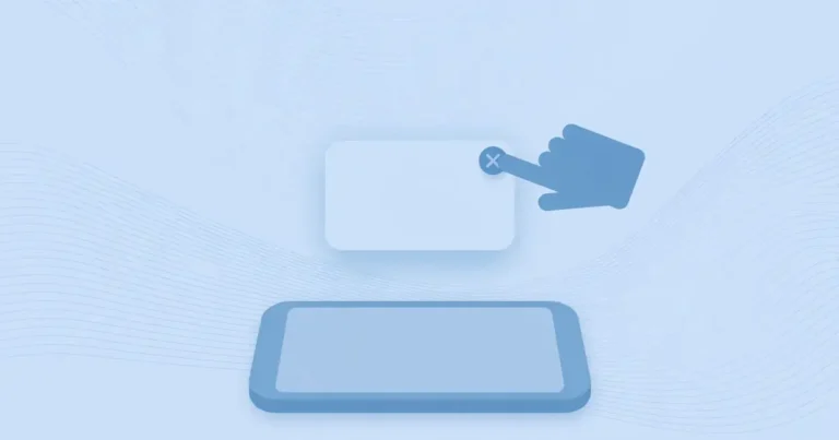 Flat illustration of a smartphone with a pop-up message card being dismissed, in soft blue tones