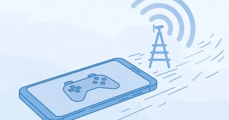 Flat illustration of a smartphone with a game controller on its screen receiving signal waves from a cell tower