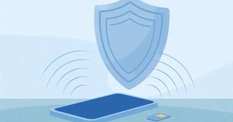 Flat illustration of a lost phone with a SIM card and a shield in soft blue tones