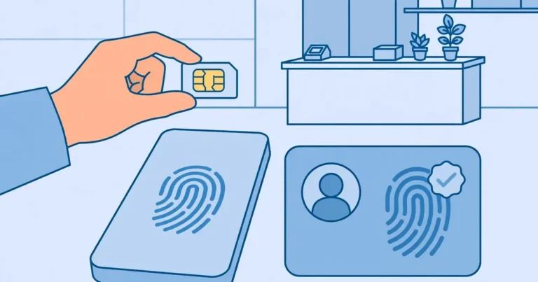 Flat illustration of a hand holding a SIM card next to a biometric-verified ID card at a Telenor franchise counter.