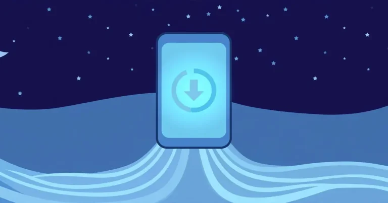 Illustration of a smartphone downloading at night under a crescent moon and stars, showing off-peak mobile data saving
