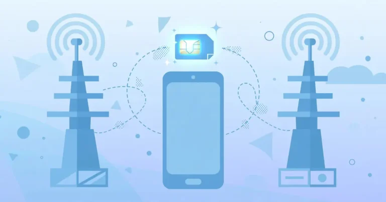 Flat illustration of a smartphone with a SIM card moving between two network towers in soft blue tones