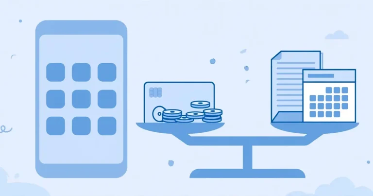 Flat illustration comparing a Telenor prepaid top-up card with a postpaid monthly bill beside a smartphone