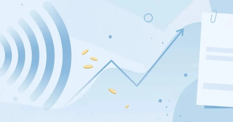 Flat blue illustration of a telecom tower beside an official rule document with a seal, coins and a rising price chart, representing PTA's draft competition rules review