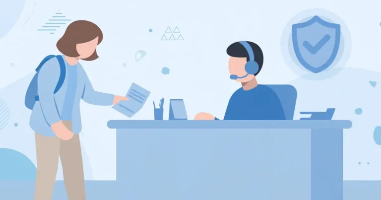 Flat illustration of a customer handing a complaint form to a headset-wearing support agent with a protection shield