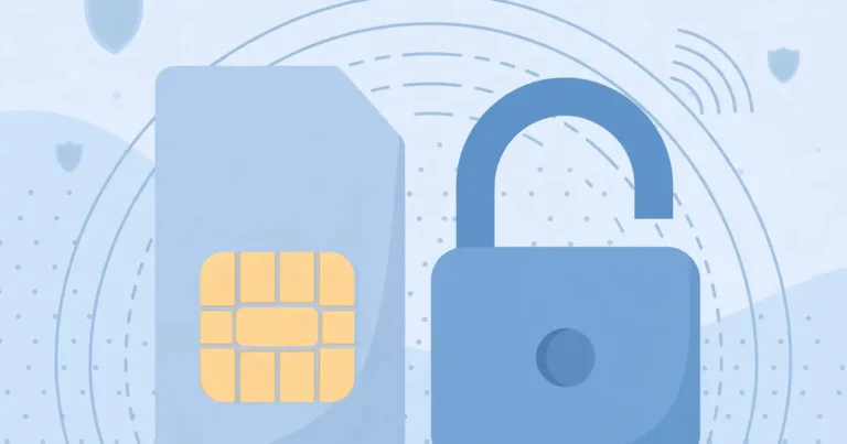 Flat illustration of a SIM card next to an open padlock in soft blue tones