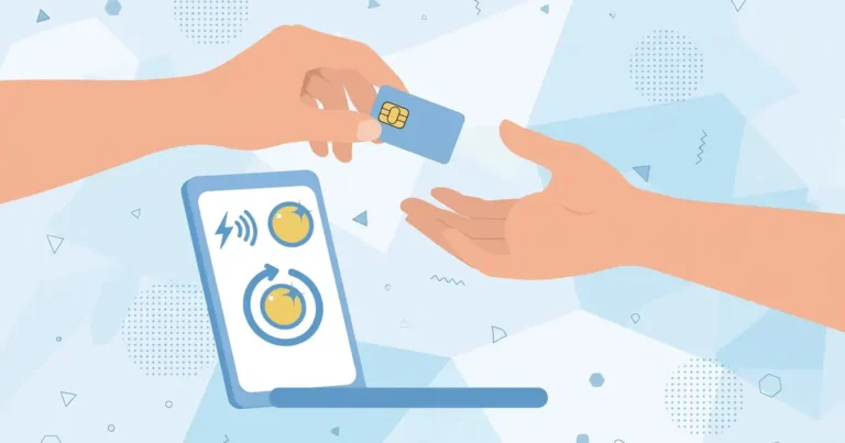 Flat illustration of two hands passing a Telenor SIM card beside a phone showing recharge icons.