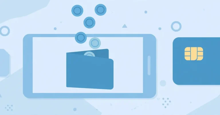 Flat illustration of a smartphone showing a wallet with coins beside a SIM card and bank card, representing safe online Telenor recharge