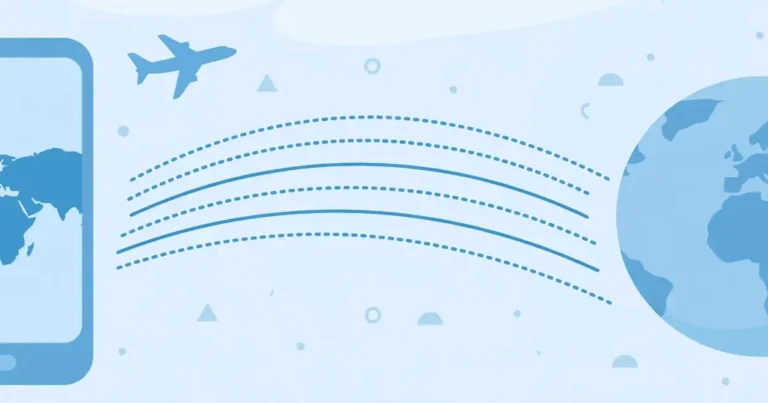 Flat blue illustration of a smartphone, airplane and globe showing mobile data roaming