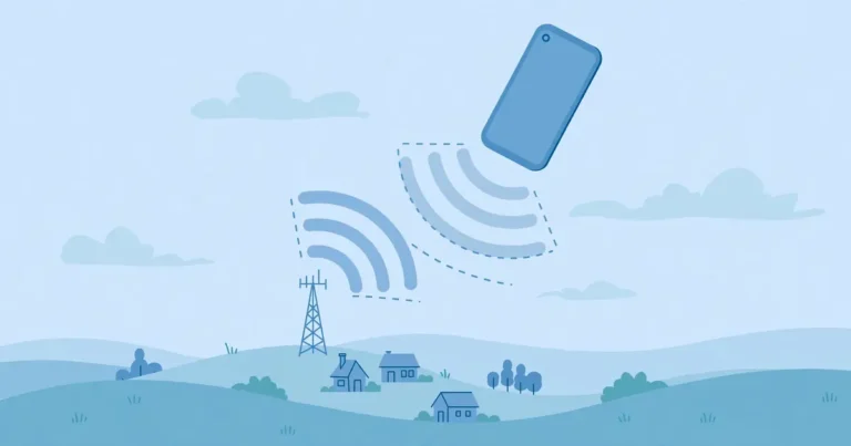 Flat illustration of a smartphone receiving signal waves from a Telenor cell tower over a small town