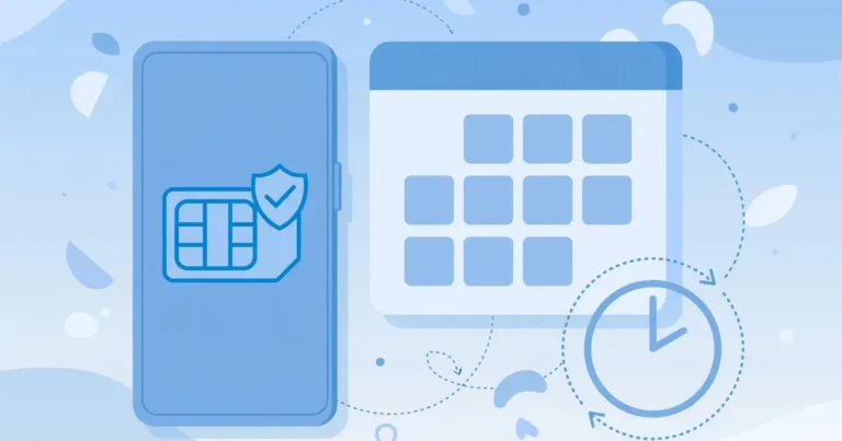 Flat illustration of a smartphone with a SIM card and calendar, symbolizing keeping a Telenor SIM active before it expires.
