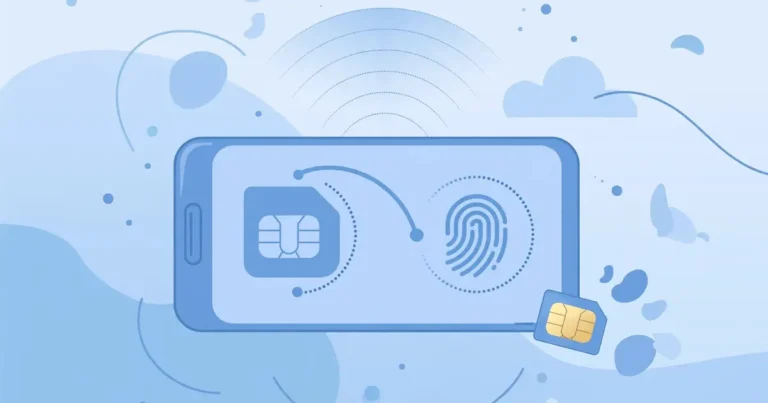 Flat illustration of a smartphone verifying a Telenor SIM card with a fingerprint scan