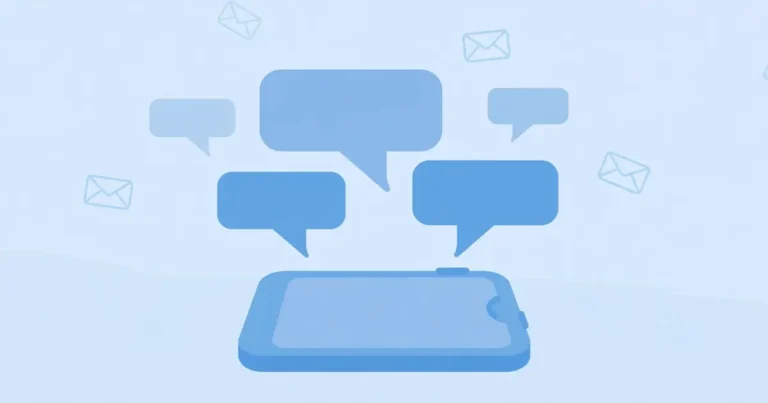 Flat illustration of a smartphone with chat bubbles and envelopes in soft blue tones