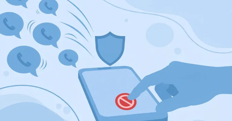 Flat illustration of a hand blocking spam call bubbles on a smartphone with a shield, soft blue tones