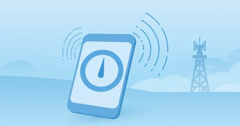 Flat illustration of a smartphone showing a speed test gauge with signal waves, in soft blue tones