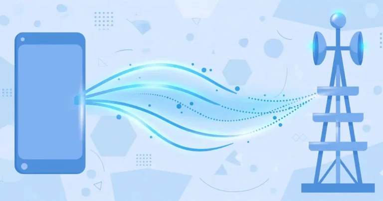 Flat illustration of a smartphone sending voice signal waves to a Telenor 4G cell tower