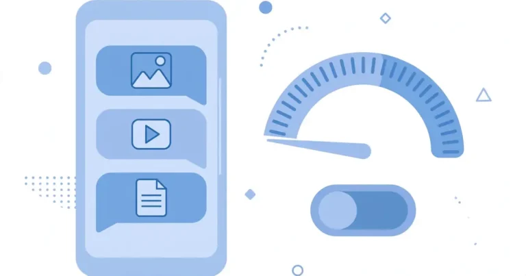 Flat illustration of a smartphone with chat media messages beside a data-usage gauge and an off toggle switch, in soft blue tones